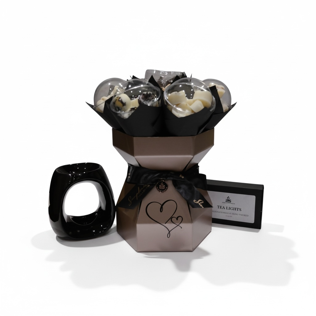 Simple Scents Elegance wax melt bouquet in a metallic gift box with black ribbon, displayed beside a gloss-black ceramic wax burner and tea lights.