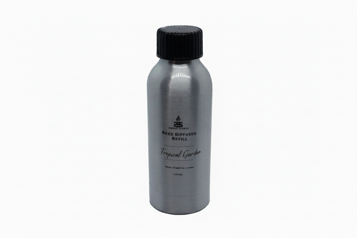 Tropical Garden Simple Scents Excellence Reed Diffuser Refill - 100ml silver aluminium bottle with black screw cap and Simple Scents logo, front view on white background
