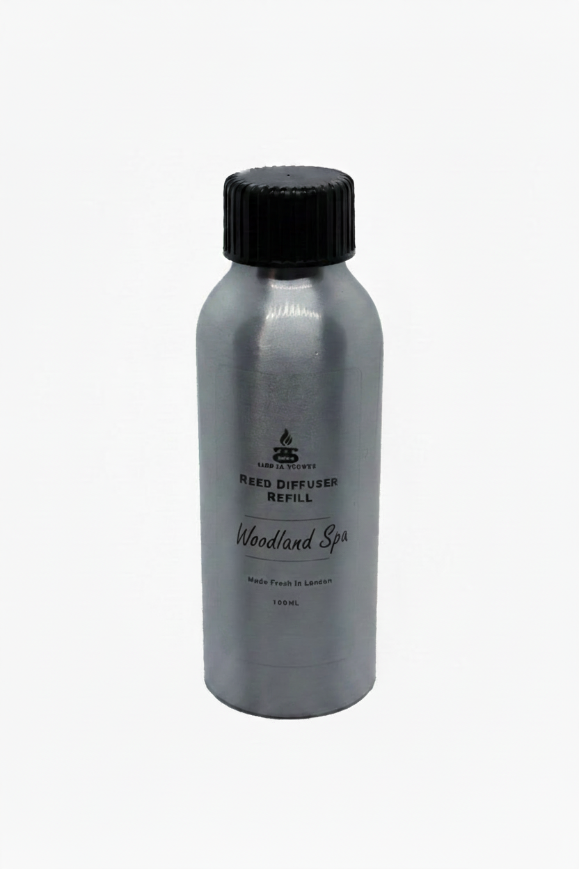 Woodland Spa Simple Scents Excellence Reed Diffuser Refill - 100ml silver aluminium bottle with black screw cap and Simple Scents logo, front view on white background