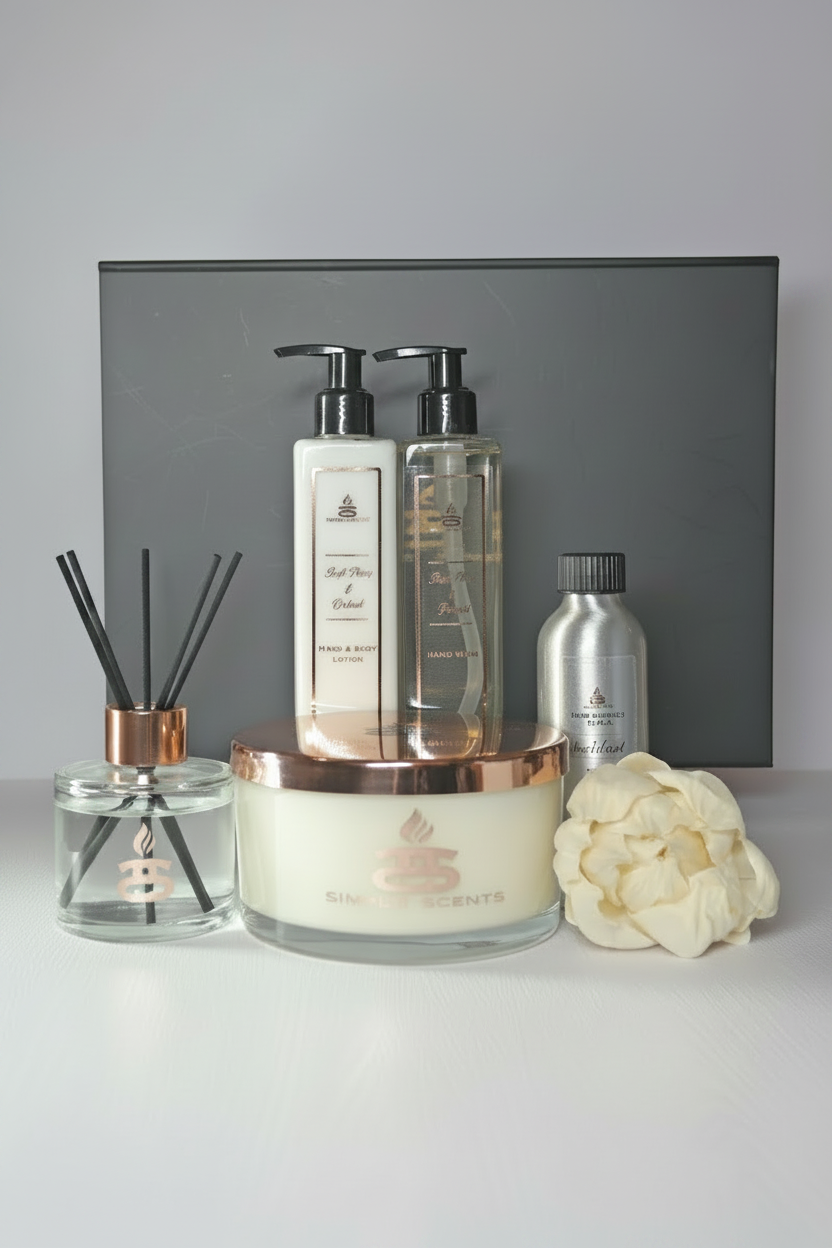 Simple Scents Experience Opulence Gift Set - Soft Peony & Oud gift set contents displayed in front of matte black box including large three-wick cream candle with rose gold lid, glass reed diffuser, silver reed diffuser refill bottle, hand wash and lotion bottles, with a white sola wood peony bloom reed, on light grey background