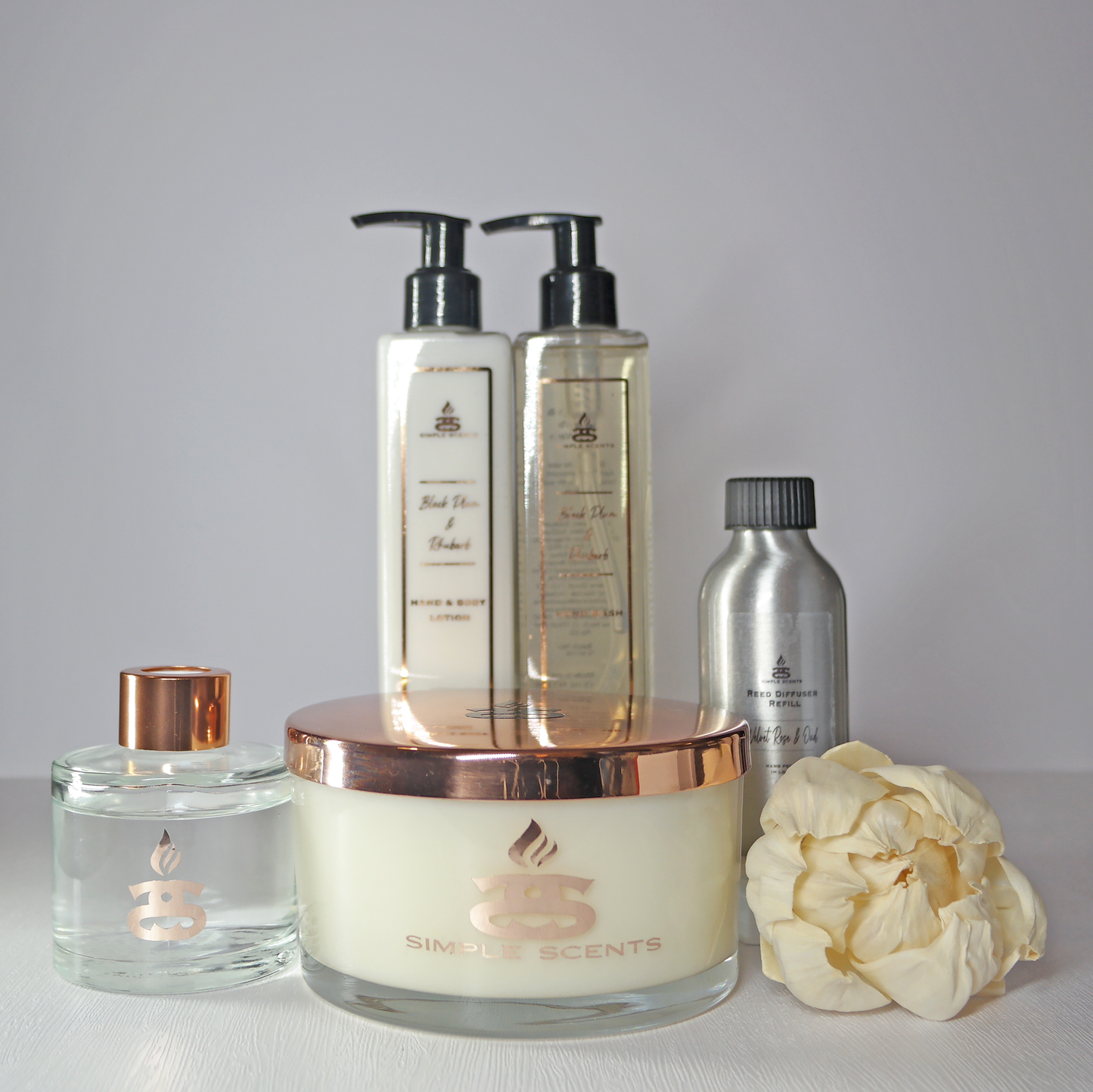 Simple Scents Experience Opulence Candle, Reed Diffuser & Diffuser Refill, Black Plum & Rhubarb Hand Wash & Lotion Gift Set