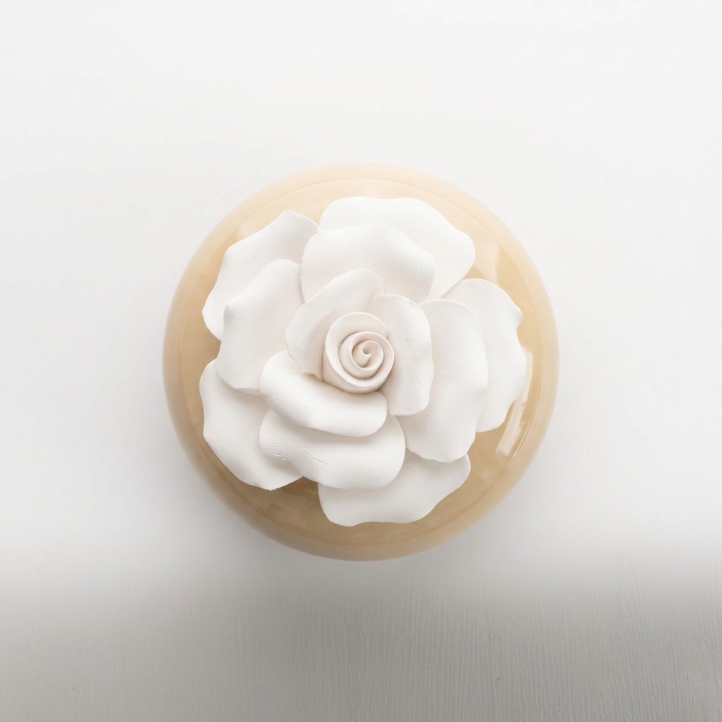 A round beige ceramic or stone vessel with a large sculpted white flower on top, photographed from above against a clean white background.