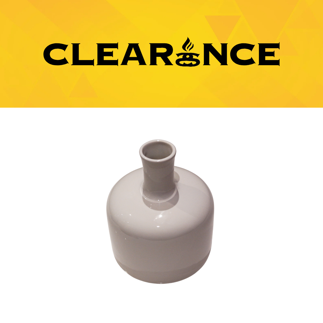 Gloss-white Riley ceramic vase with a rounded body and narrow neck beneath a yellow clearance banner.