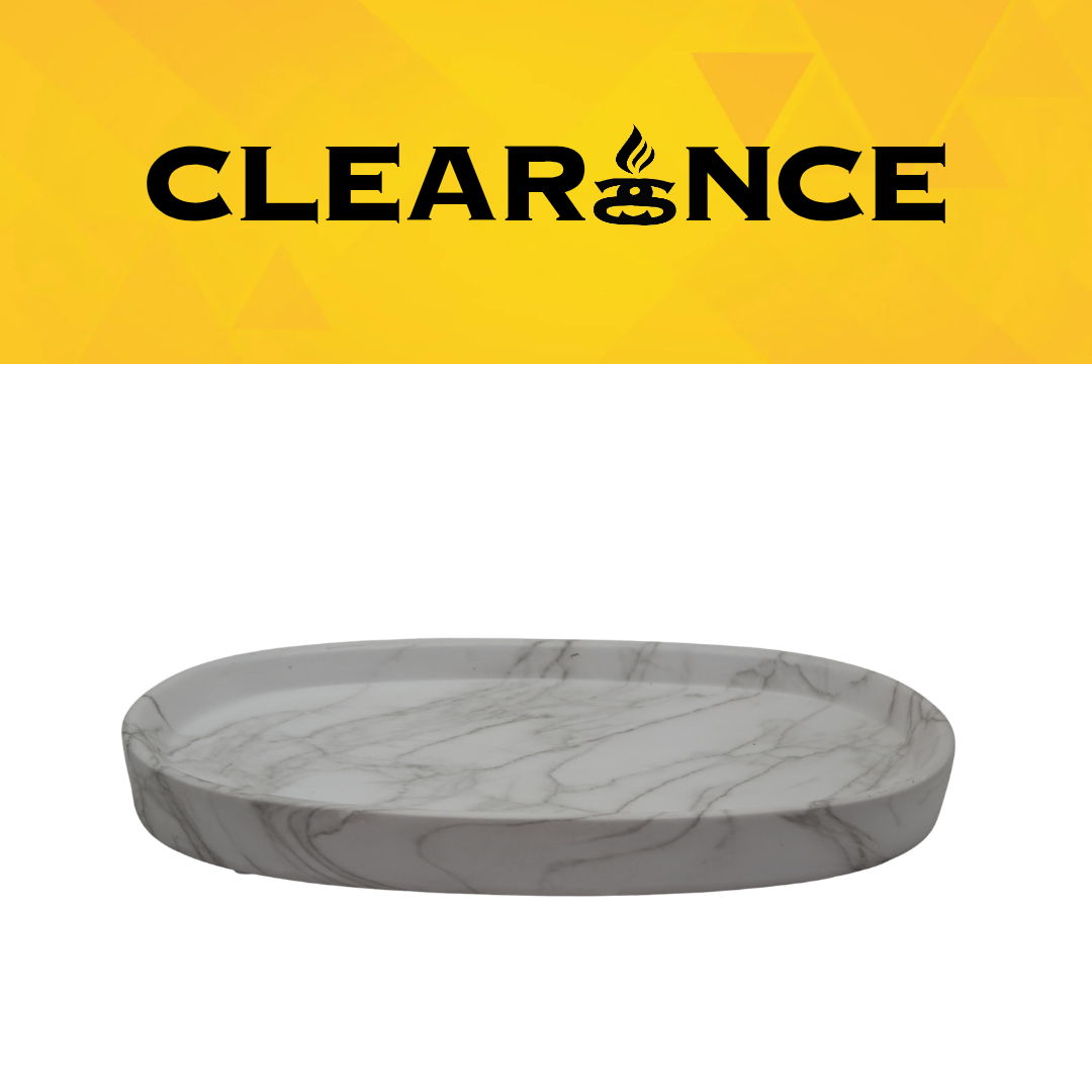 Balmoral ceramic styling plate with a grey and white marble-effect finish and raised rim beneath a yellow clearance banner.