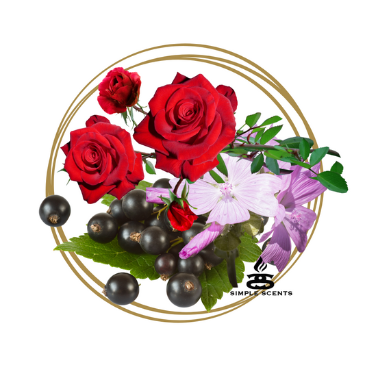 Celeste Simple Scents Luxe Rosé Noir Wooden Wick Soy Candle - Black Currant and Rose fragrance inspiration with deep red roses, black currants, pink mallow flowers and green leaves in gold circle