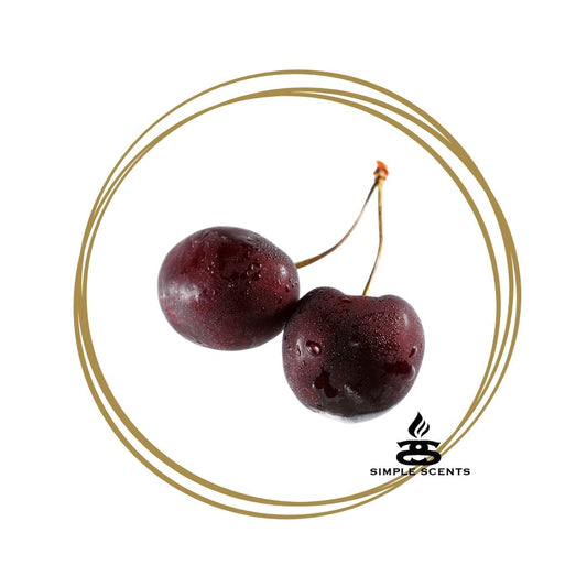 Black Cherry Simple Scents Ambience Knot Style Soy Wax Melts - Black Cherry fragrance inspiration with two deep red black cherries on a stem in gold circle