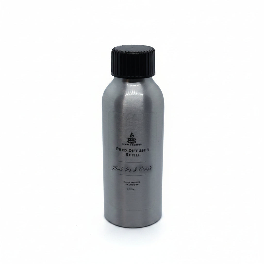 Black Iris and Musk Simple Scents Excellence Reed Diffuser Refill - 100ml silver aluminium bottle with black screw cap and Simple Scents logo, front view on white background