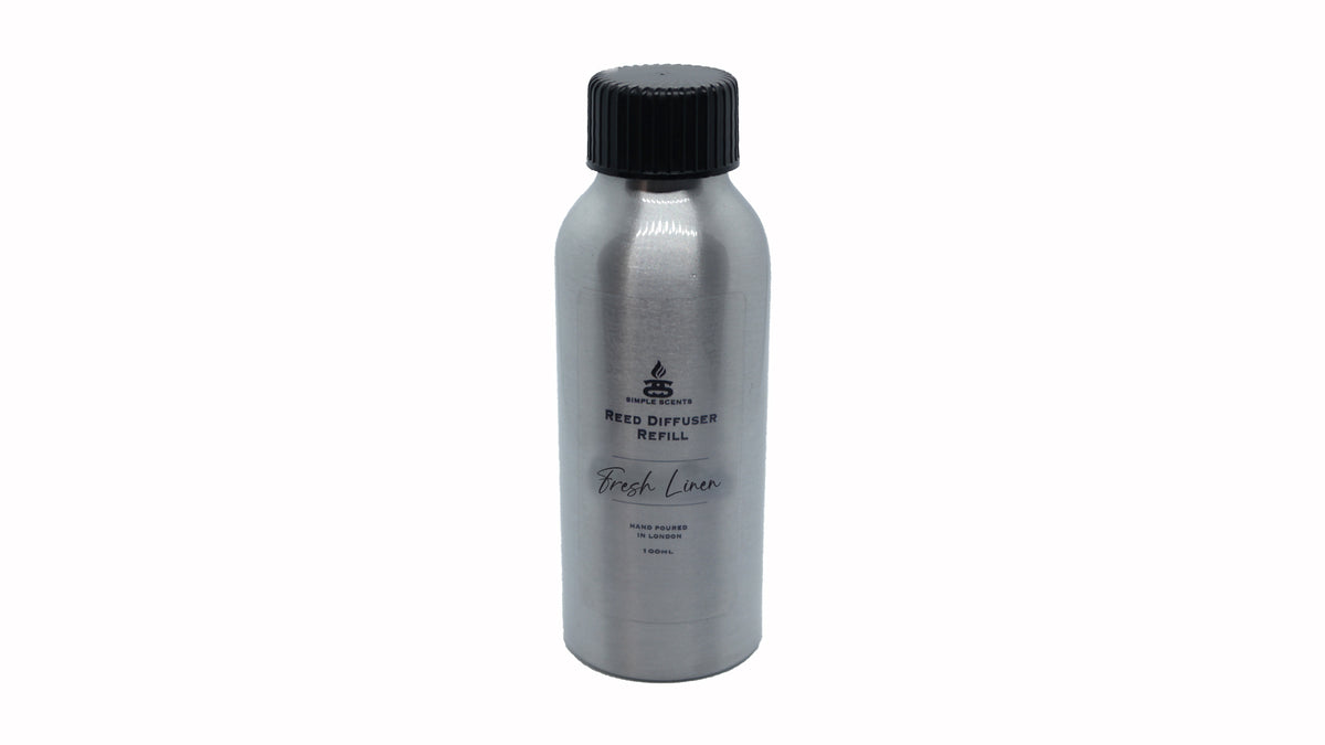 Fresh Linen Simple Scents Excellence Reed Diffuser Refill - 100ml silver aluminium bottle with black screw cap and Simple Scents logo, front view on white background