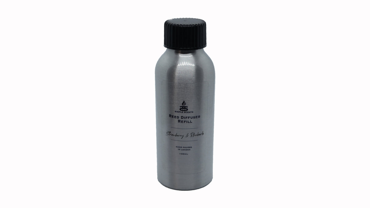 Strawberry and Rhubarb Simple Scents Excellence Reed Diffuser Refill - 100ml silver aluminium bottle with black screw cap and Simple Scents logo, front view on white background