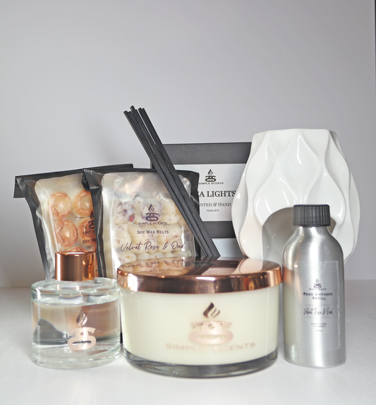 Simple Scents Experience Opulence Candle, Wax Melt, White Nico Wax Burner, Reed Diffuser & Diffuser Refill Gift Set