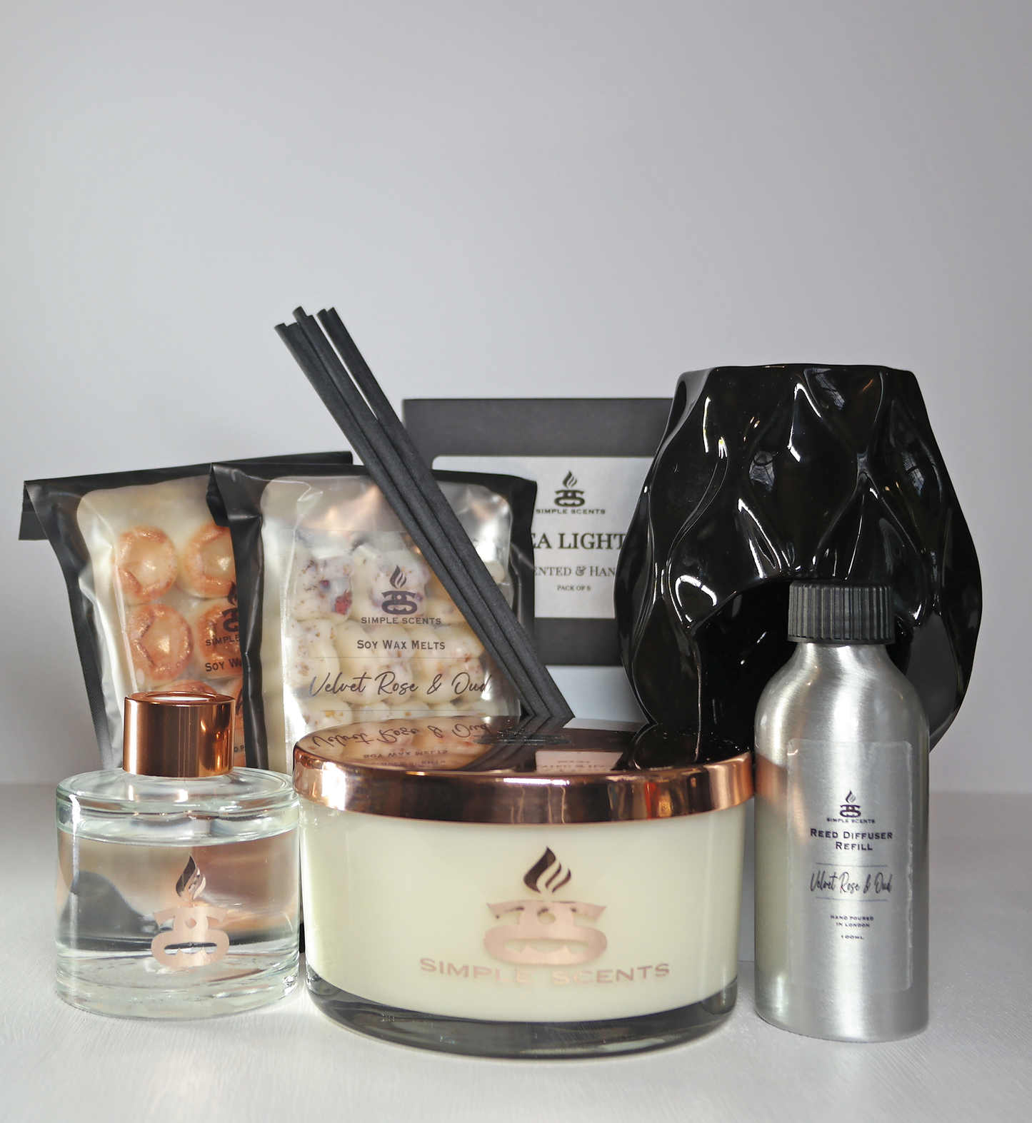 Simple Scents Experience Opulence Candle, Wax Melt, Black Nico Wax Burner, Reed Diffuser & Diffuser Refill Gift Set