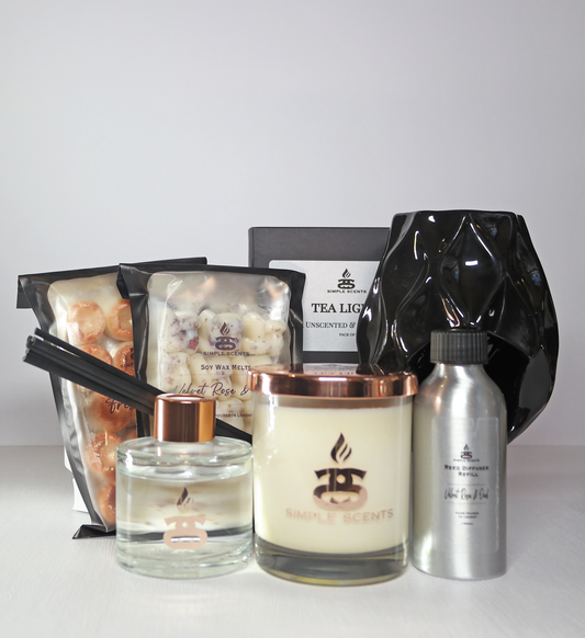 Simple Scents Experience Indulgence Candle, Wax Melt, Black Nico Wax Burner, Reed Diffuser & Diffuser Refill Gift Set