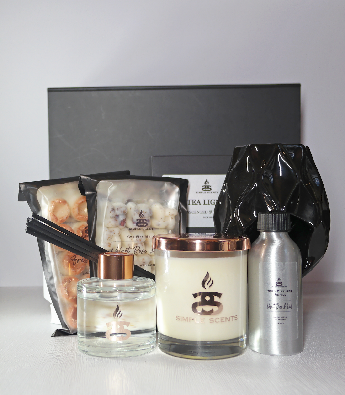 Simple Scents Experience Indulgence Candle, Wax Melt, Black Nico Wax Burner, Reed Diffuser & Diffuser Refill Gift Set