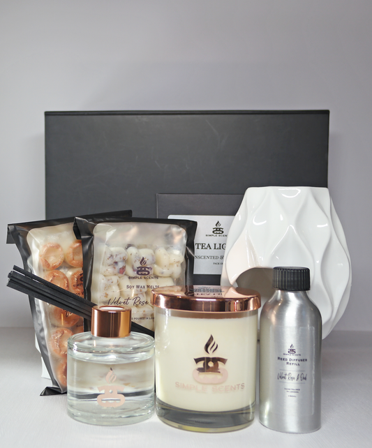 Simple Scents Experience Indulgence Candle, Wax Melt, White Nico Wax Burner, Reed Diffuser & Diffuser Refill Gift Set