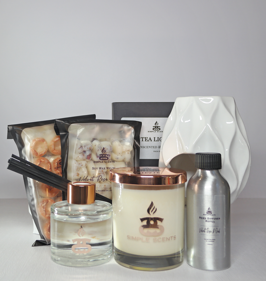 Simple Scents Experience Indulgence Candle, Wax Melt, White Nico Wax Burner, Reed Diffuser & Diffuser Refill Gift Set