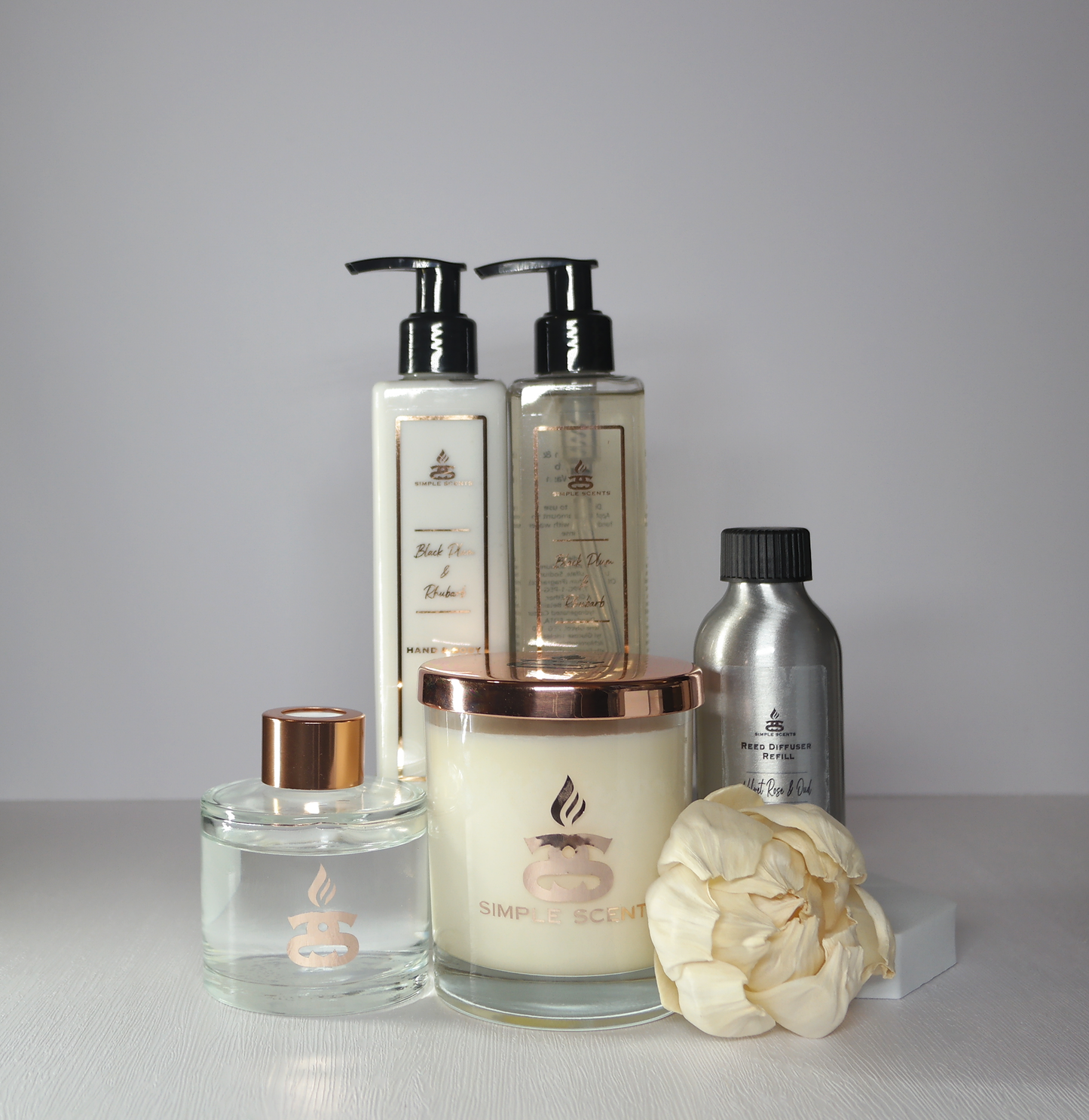 Simple Scents Experience Indulgence Candle, Reed Diffuser & Diffuser Refill, Black Plum & Rhubarb Hand Wash & Lotion Gift Set