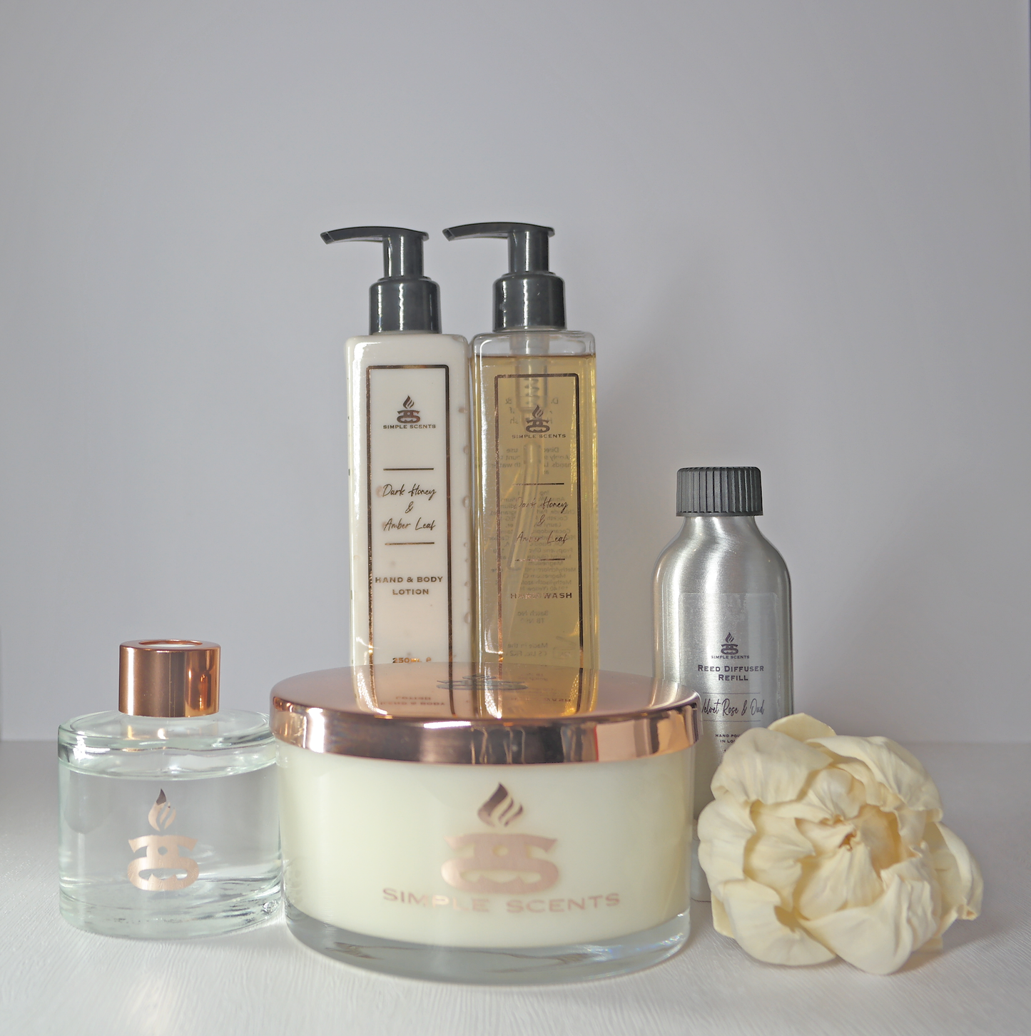 Simple Scents Experience Opulence Candle, Reed Diffuser & Diffuser Refill, Dark Honey & Amber Leaf Hand Wash & Lotion Gift Set
