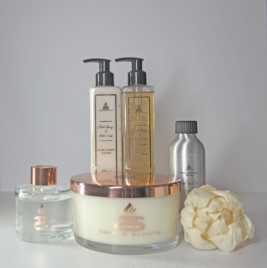 Simple Scents Experience Opulence Candle, Reed Diffuser & Diffuser Refill, Dark Honey & Amber Leaf Hand Wash & Lotion Gift Set