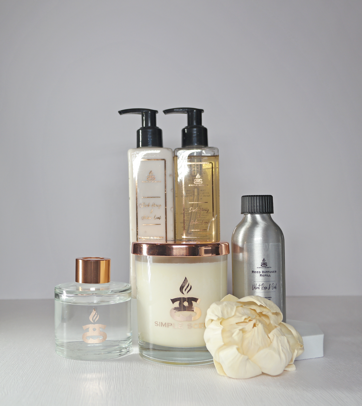 Simple Scents Experience Indulgence Candle, Reed Diffuser & Diffuser Refill, Dark Honey & Amber Leaf Hand Wash & Lotion Gift Set