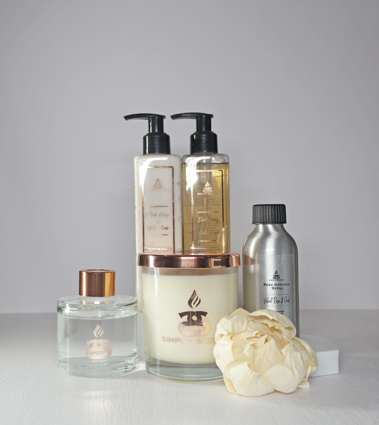 Simple Scents Experience Indulgence Candle, Reed Diffuser & Diffuser Refill, Dark Honey & Amber Leaf Hand Wash & Lotion Gift Set