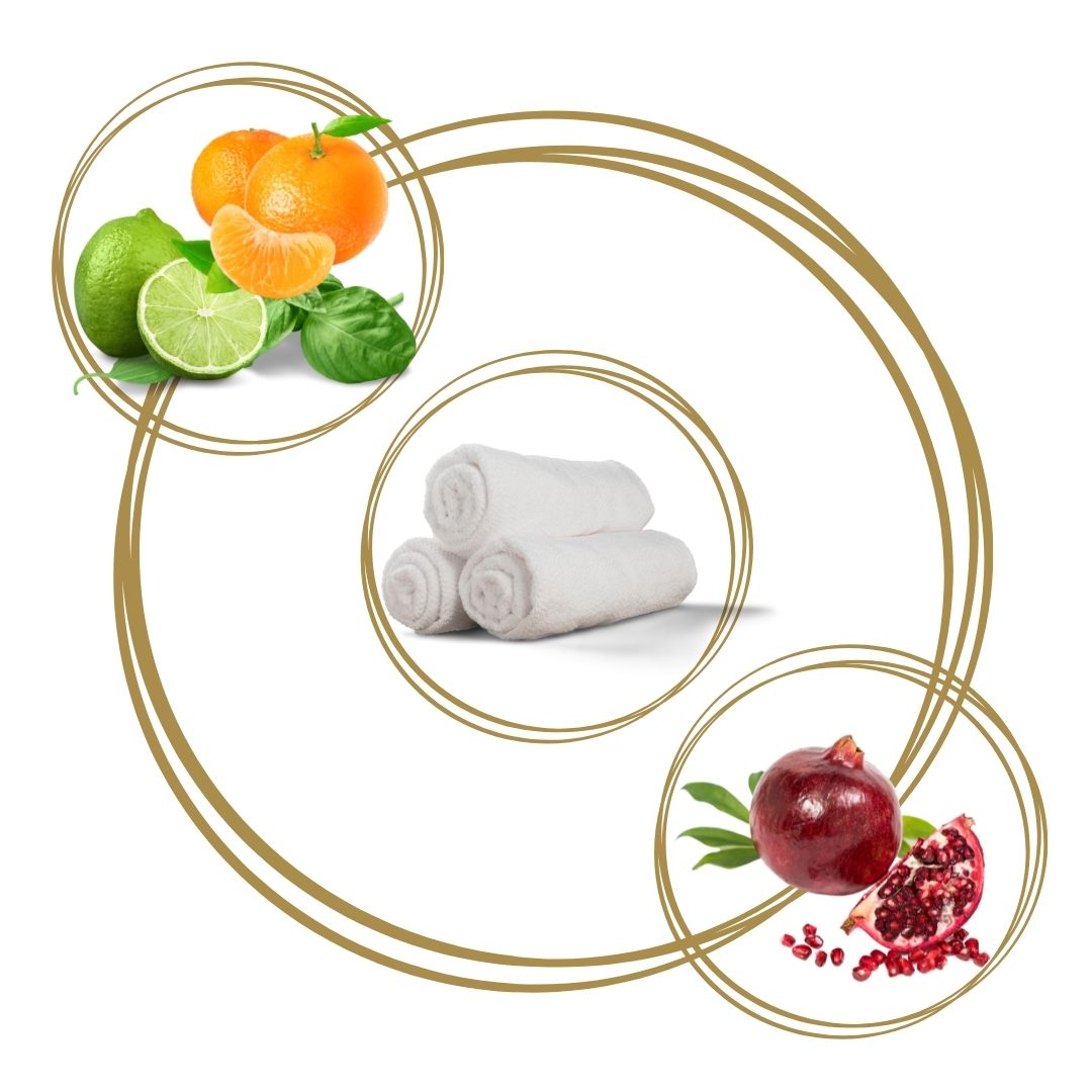 Simple Scents Mini Indulgence Trio Luxury Soy Candles 75g - fragrance inspiration showing Lime Basil and Mandarin, Linen Fresh and Black Pomegranate scents in gold circles