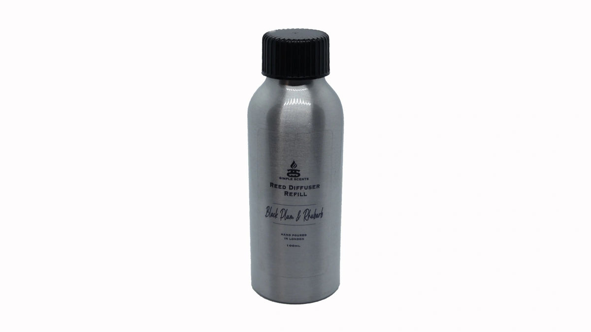 Black Plum and Rhubarb Simple Scents Excellence Reed Diffuser Refill - 100ml silver aluminium bottle with black screw cap and Simple Scents logo, front view on white background