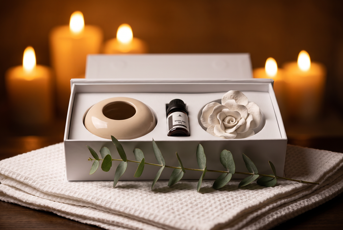A gift box containing a beige ceramic bowl, a small black bottle, and a white ceramic rose, styled on a textured cream towel with eucalyptus leaves and glowing candles in the background.