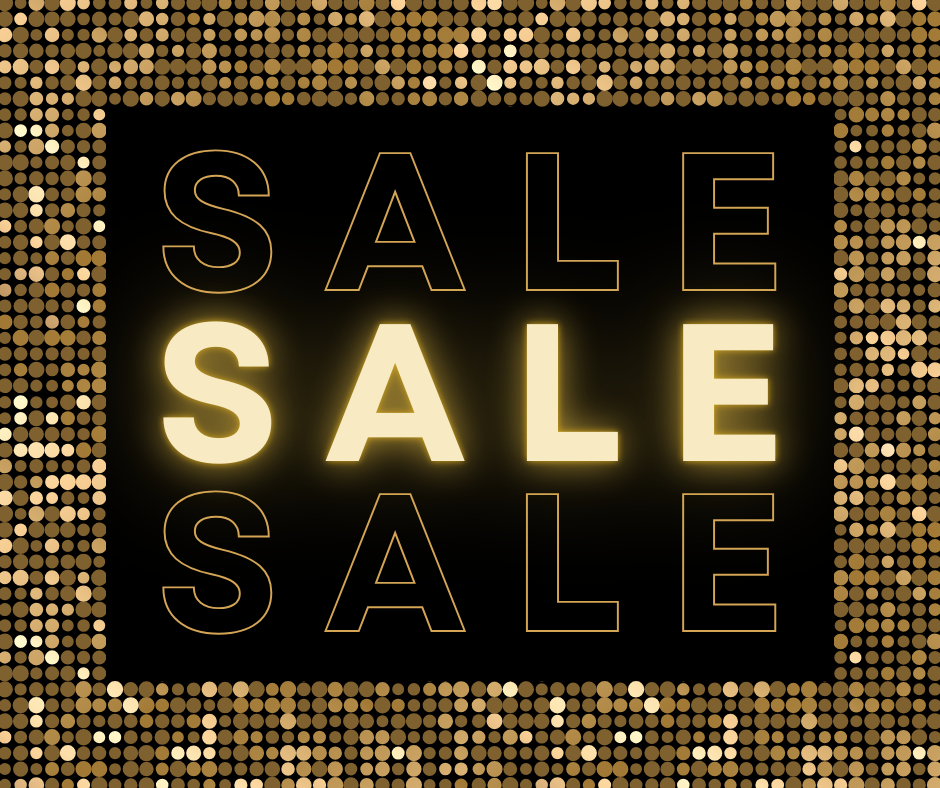 Repetitive 'SALE' text on a black background with gold sequin border