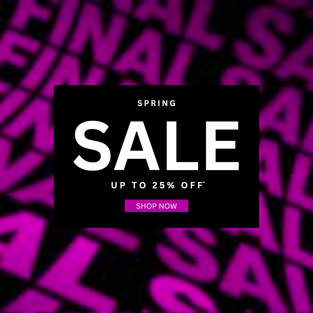 Spring sale promotion with 'Shop Now' button on a purple and black background