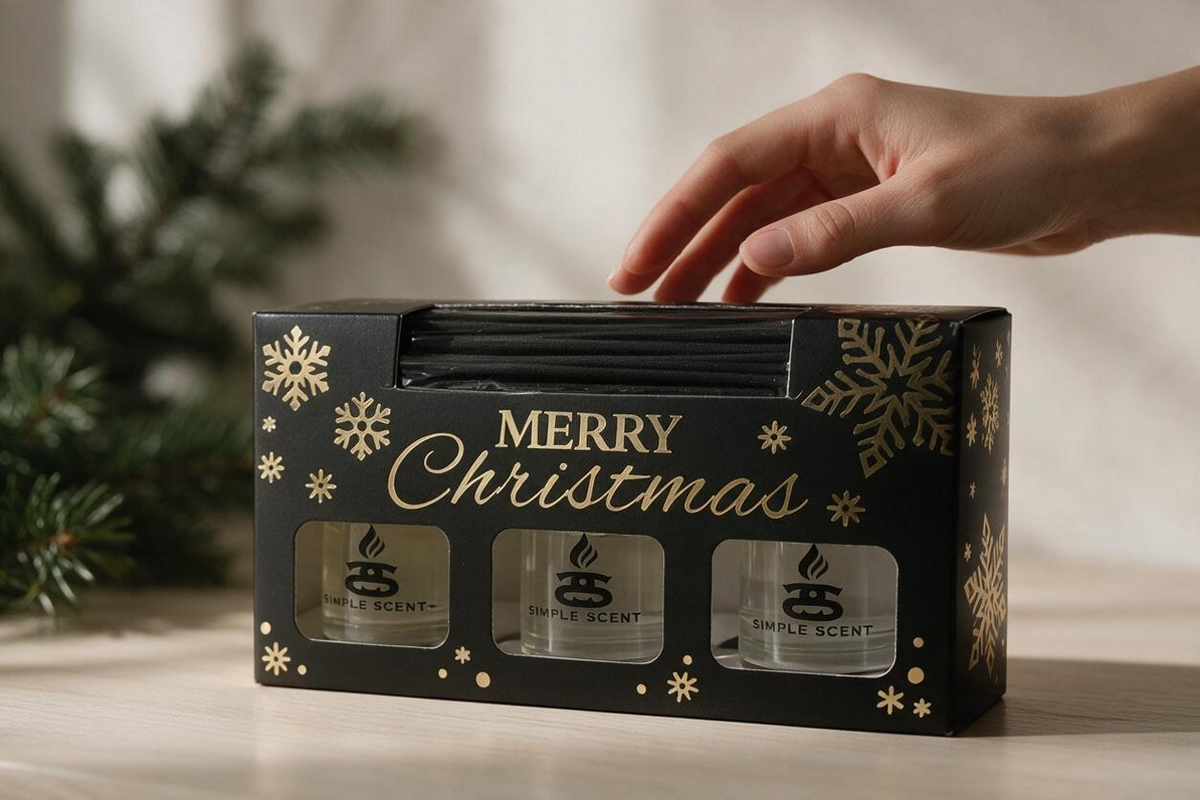 Hand reaching towards a Simple Scents Christmas reed diffuser trio gift box on a wooden table beside evergreen branches.