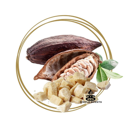 Cocoa pods, one open displaying cocoa beans next to nuggets of cocoa butter surrounded by a circular frame with the Simple Scents logo