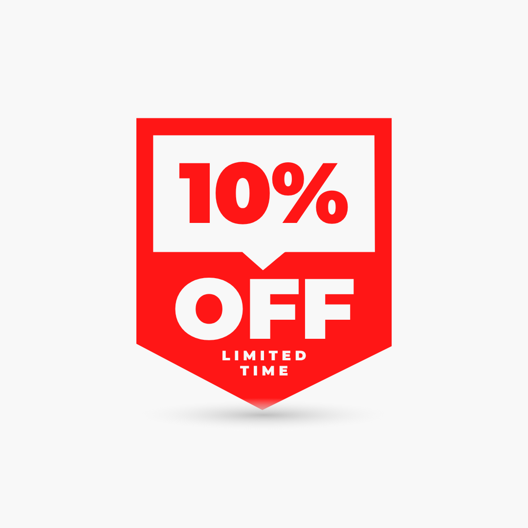 A red and white promotional badge with the text '10% OFF' and 'LIMITED TIME' on a light gray background.