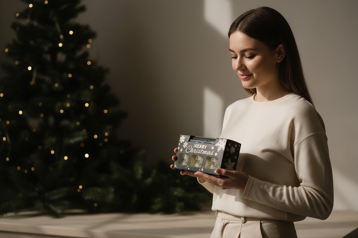 Woman holding a Simple Scents Christmas reed diffuser trio gift box beside a Christmas tree with warm fairy lights.