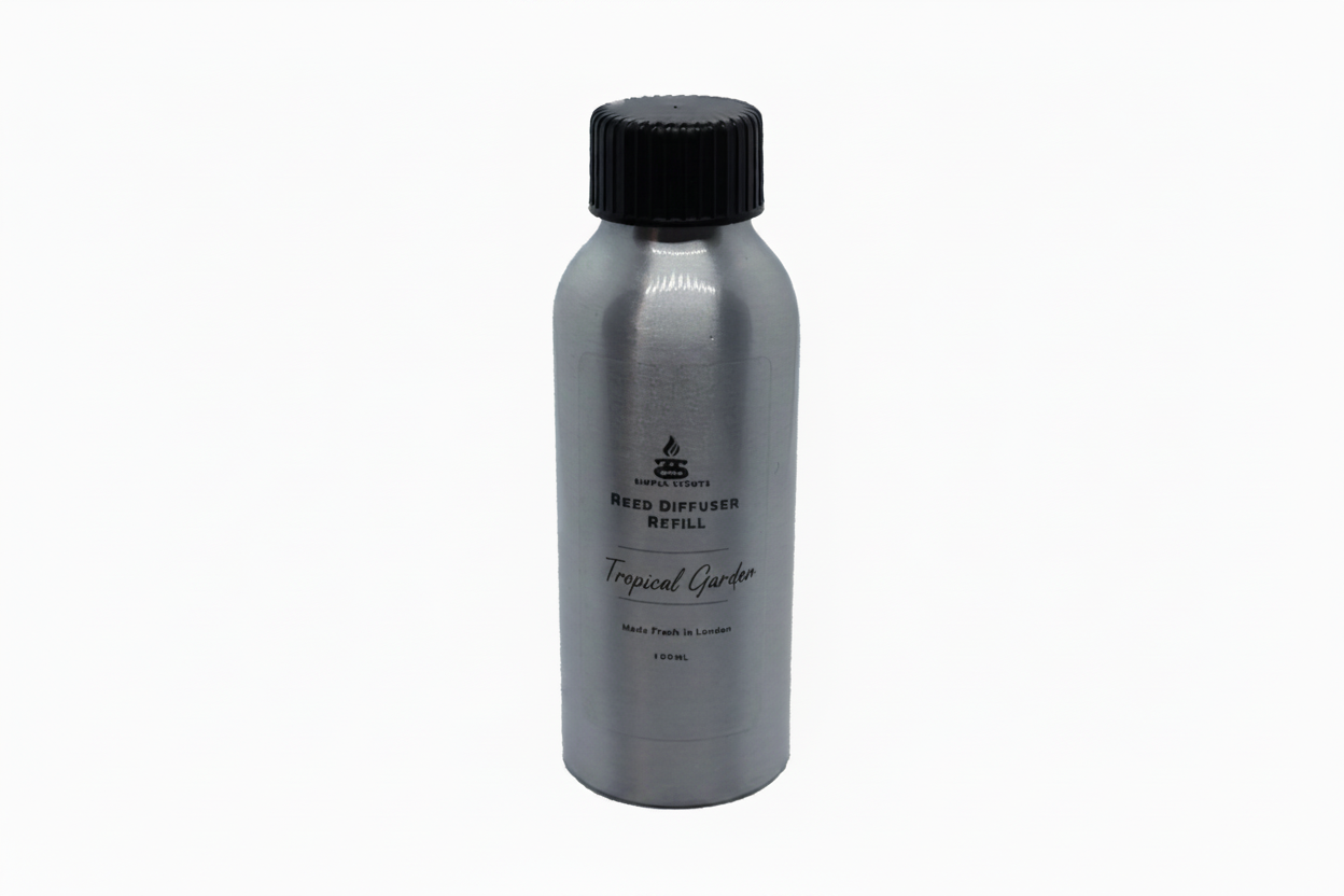 Tropical Garden Simple Scents Excellence Reed Diffuser Refill - 100ml silver aluminium bottle with black screw cap and Simple Scents logo, front view on white background