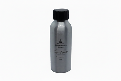 Tropical Garden Simple Scents Excellence Reed Diffuser Refill - 100ml silver aluminium bottle with black screw cap and Simple Scents logo, front view on white background
