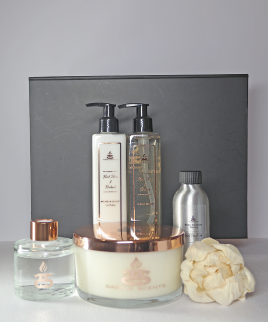 Simple Scents Experience Opulence Candle, Reed Diffuser & Diffuser Refill, Black Plum & Rhubarb Hand Wash & Lotion Gift Set