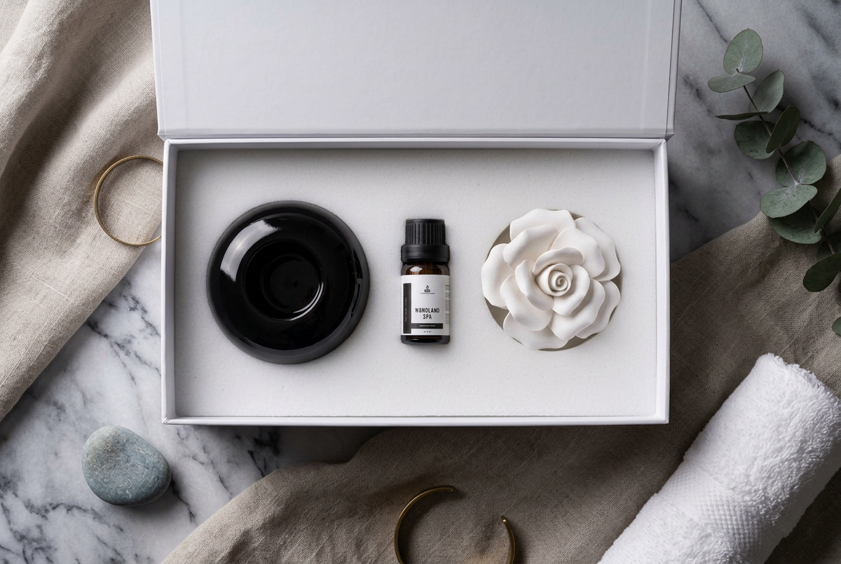 A white gift box containing a black diffuser bowl, a small amber bottle with a black cap, and a white rose-shaped diffuser, styled on a marble surface with neutral textiles and greenery.
