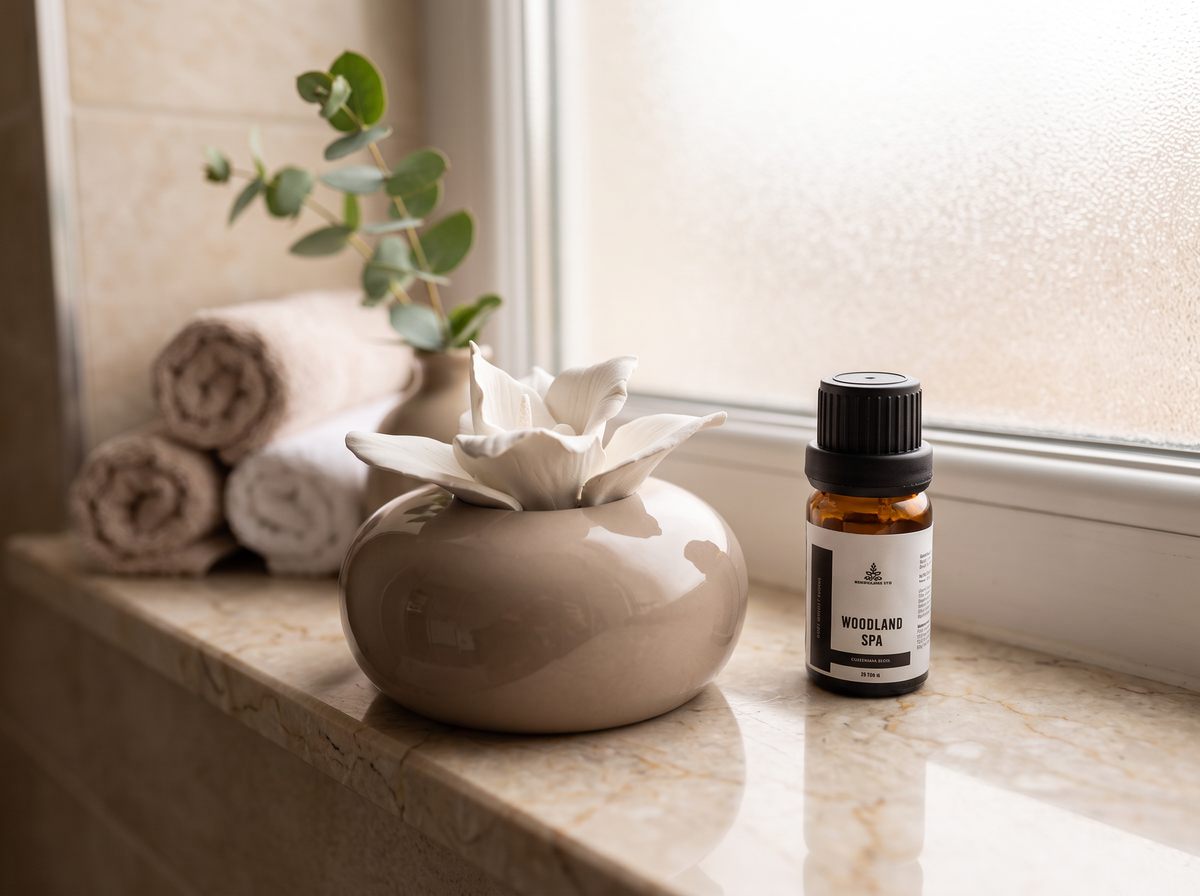 A small amber glass essential oil bottle labeled 'WOODLAND SPA' with a black cap, placed on a marble windowsill beside a ceramic flower diffuser and rolled towels.