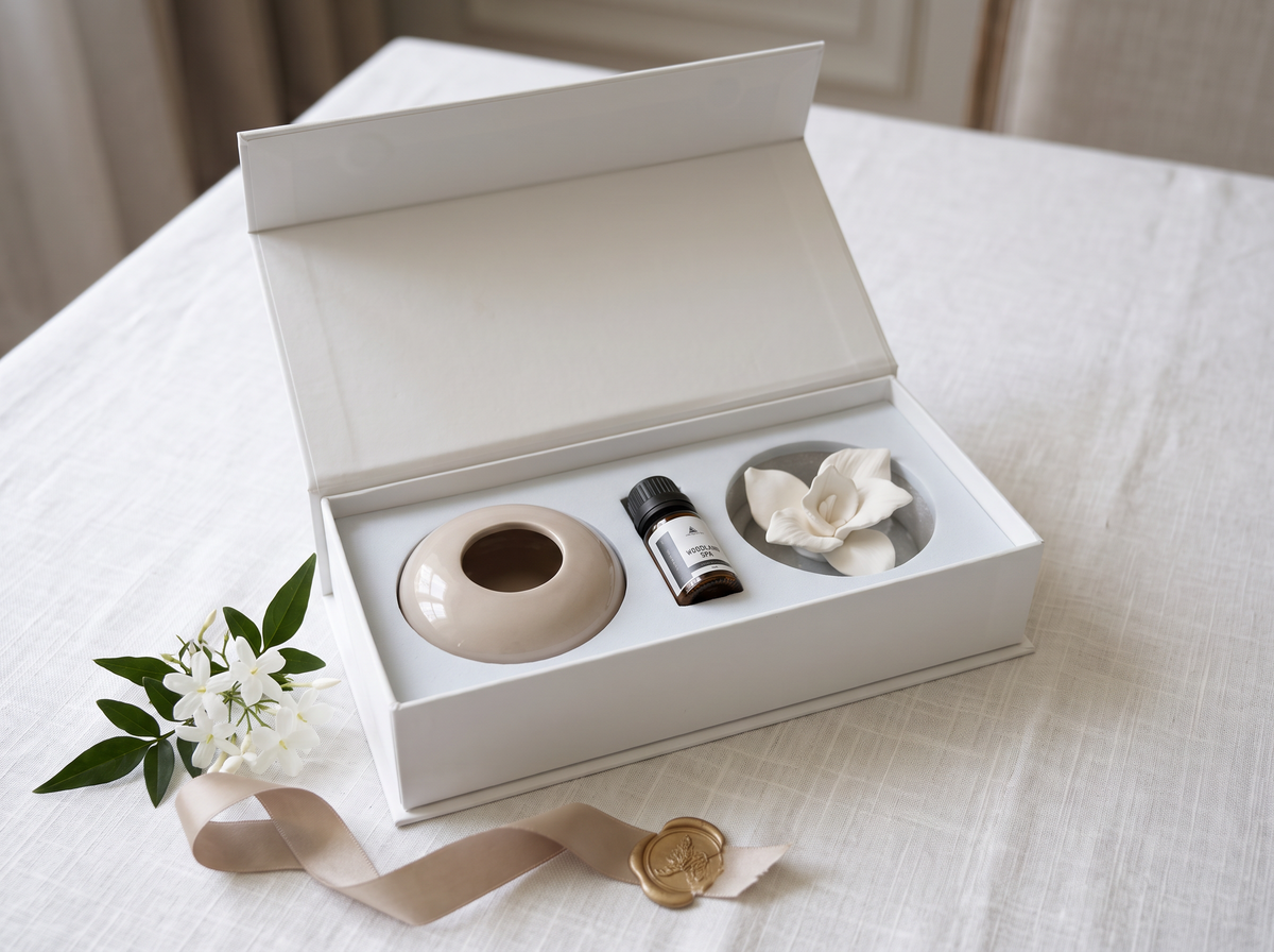 A white gift box opened on a white tablecloth, containing a beige ceramic diffuser, a small dark bottle, and a white flower-shaped diffuser insert. A beige ribbon and gold seal are placed beside the box, with soft neutral background blur behind it.