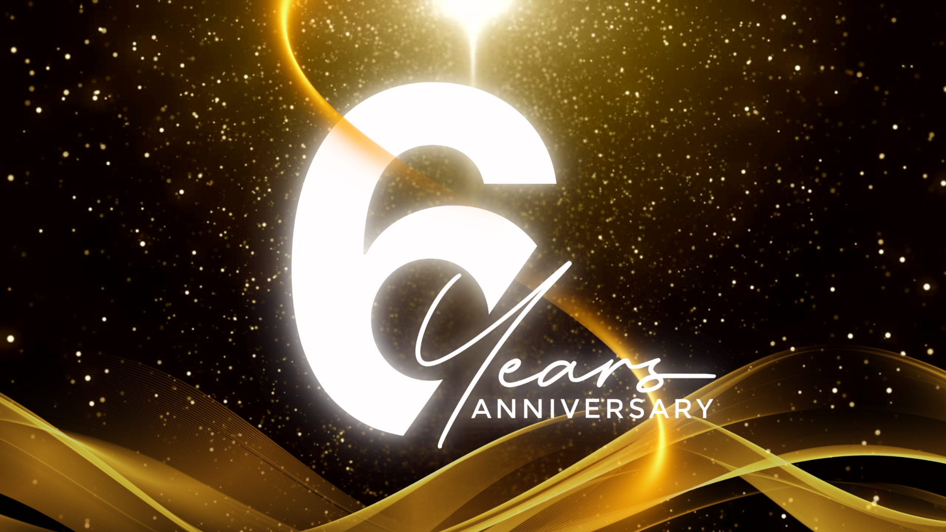 Load video: video with dark background and moving gold dust particles displaying 6 year anniversary in white.