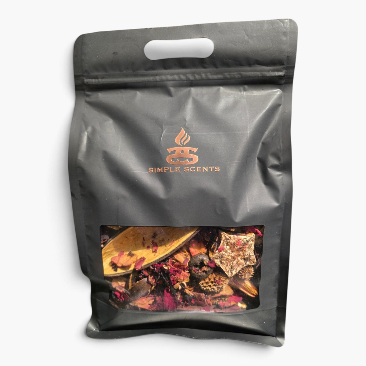 Rouge Hibiscus Boujee Potpourri in premium Simple Scents matte black branded packaging with clear window revealing luxury dried floral botanics