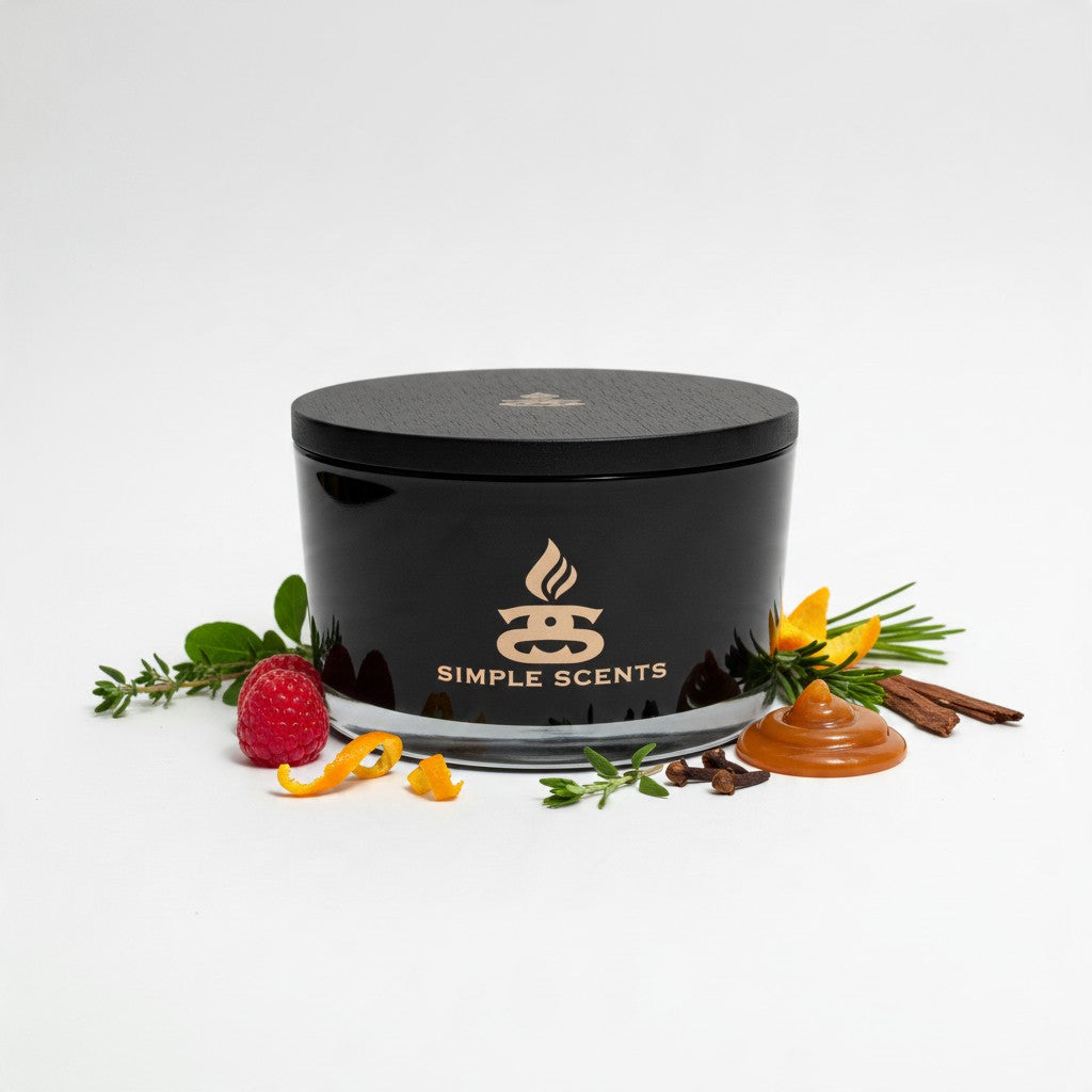A black round candle glass with a clear glass base and gold 'SIMPLE SCENTS' logo, styled on a white background with raspberry, cinnamon sticks, orange peel, yellow flower, and green sprigs around it.