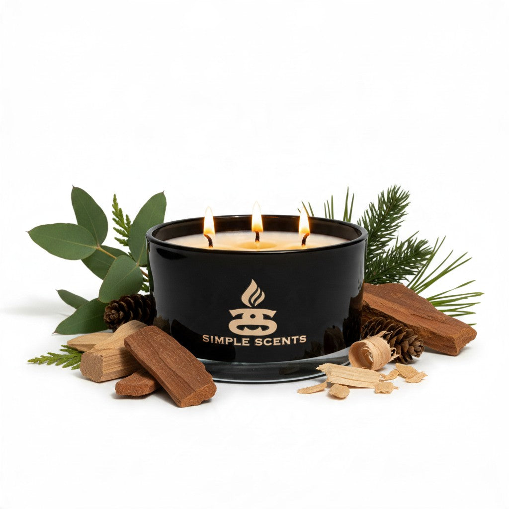 A black ceramic three-wick candle with three lit flames, surrounded by natural wood chips, pinecones, and green foliage on a white background. The candle features the Simple Scents logo on the front.