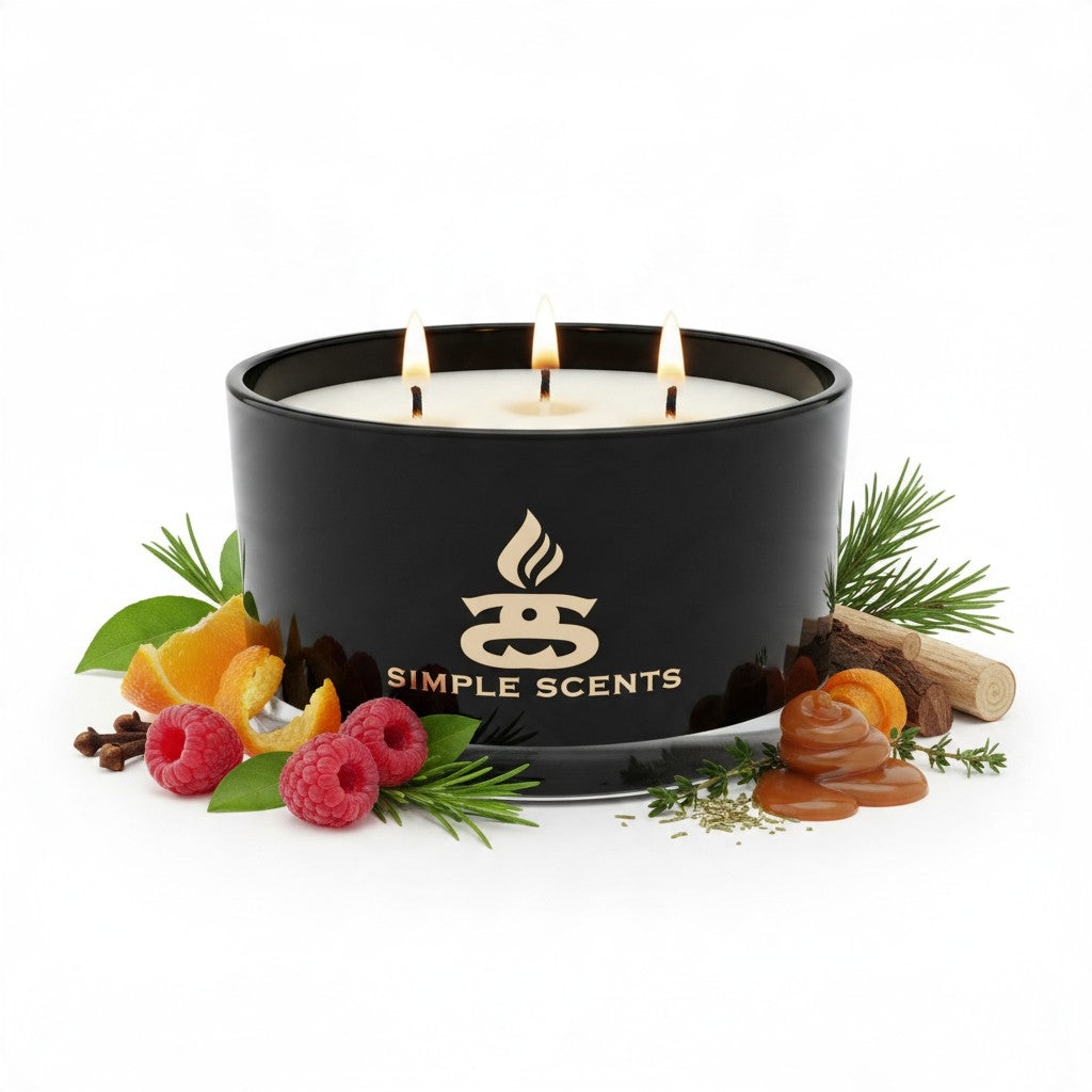 A black three-wick scented candle by Simple Scents with white wax, surrounded by decorative natural ingredients including raspberries, orange slices, pine needles, cinnamon, and a piece of wood on a white background.