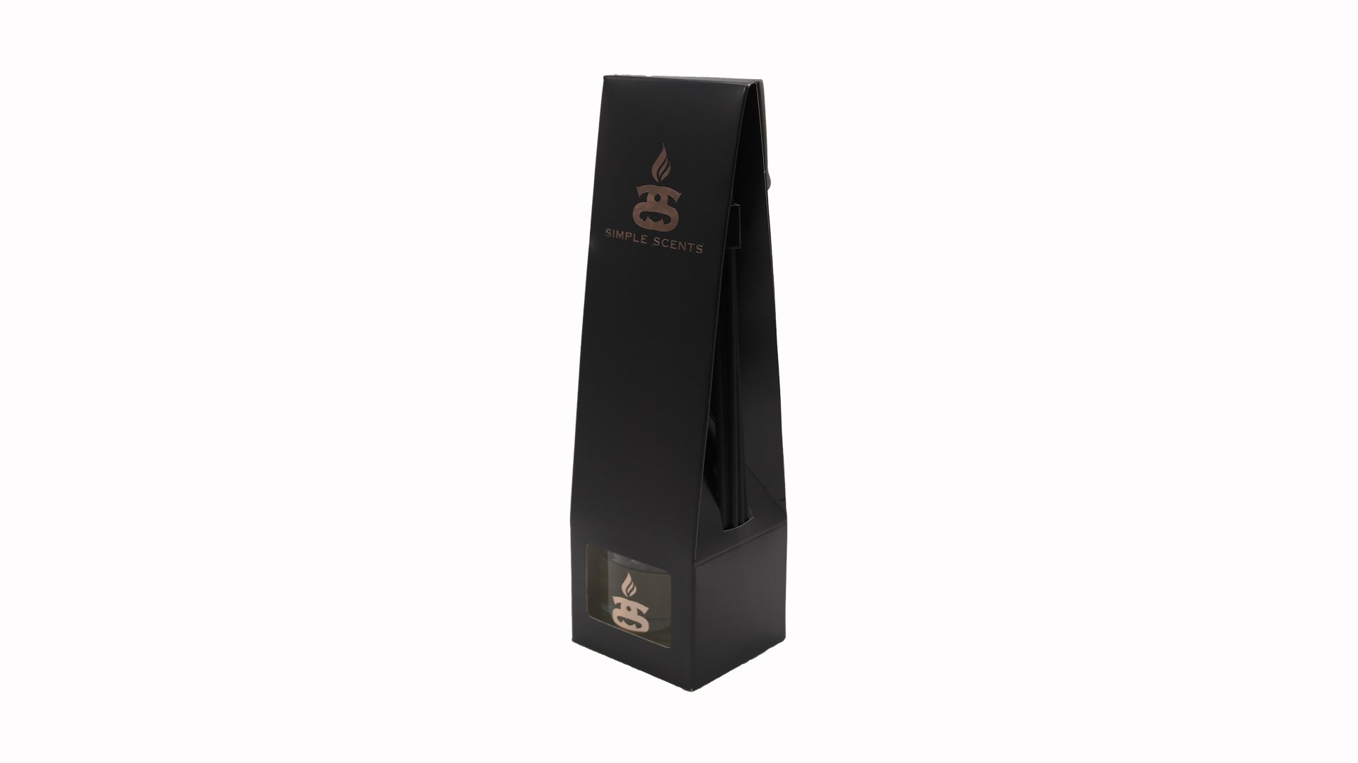 Simple Scents Excellence Reed Diffuser in black packaging with reeds, side profile