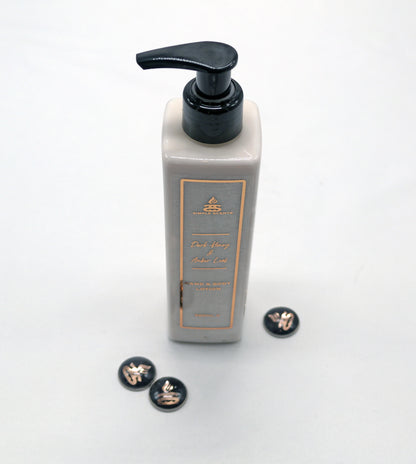 Dark Honey & Amber Leaf Hand Lotion in bottle with Simple Scents pendants
