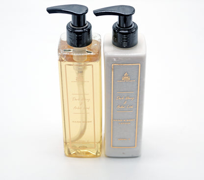 Dark Honey & Amber Leaf Hand Wash & Lotion set in bottle